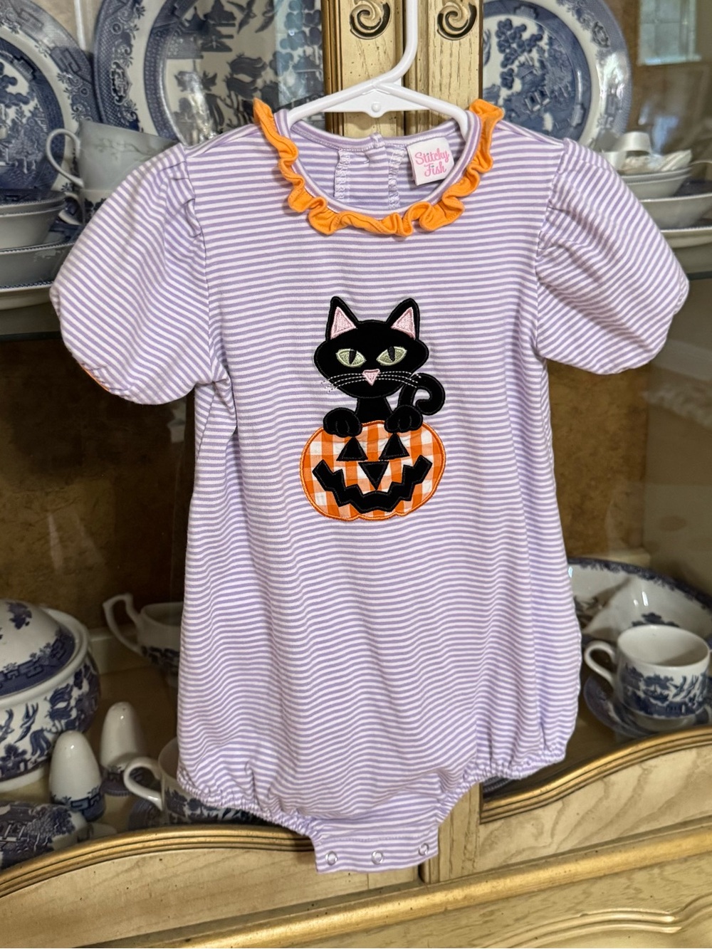 Stitchy Fish lavender pumpkin cat bubble romper 2t girls boutique
